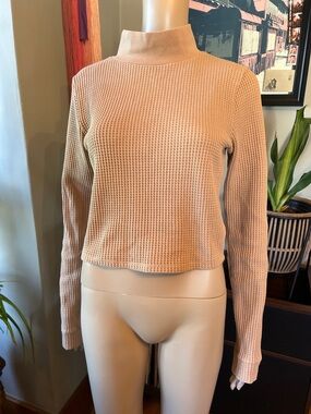 aerie Cream Waffle Knit Mock Neck Long Sleeve Top